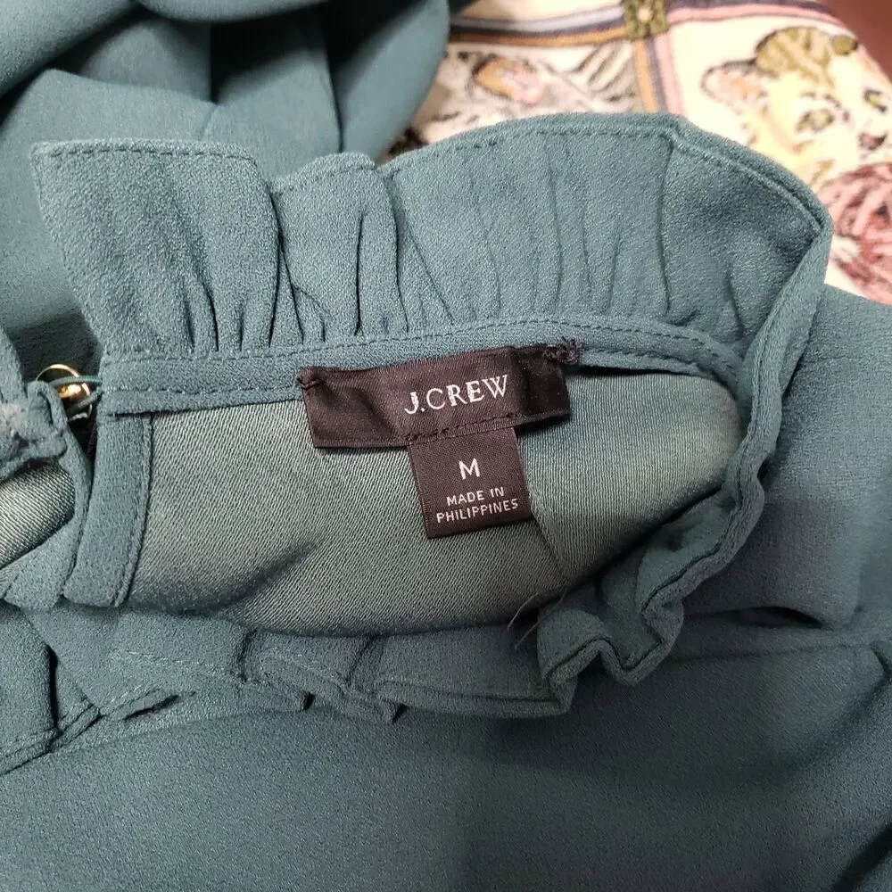 J. Crew Ruffle Mock Neck Blouse Medium M Forest Green Long Sleeve
